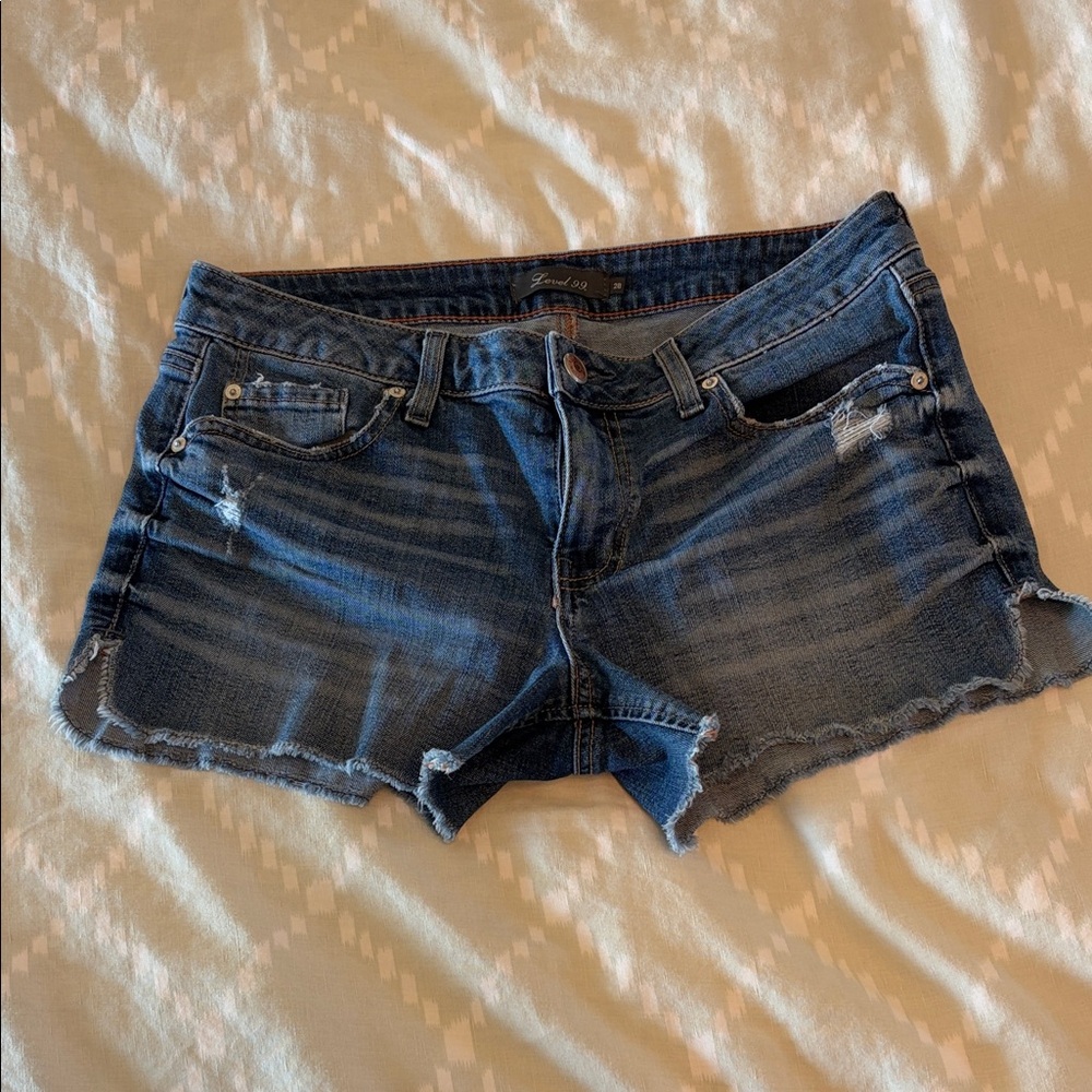 Level 99 Dark Blue Distressed Jean Shorts with Frayed Hem